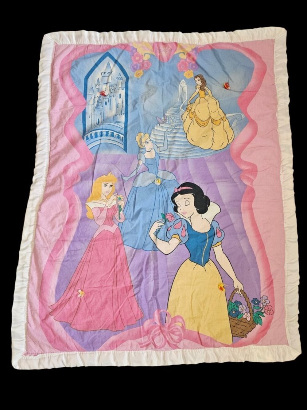 VTG Disney Princesses‎ Quilted Blanket Satin Trim Pink 34 X 43" Cinderella